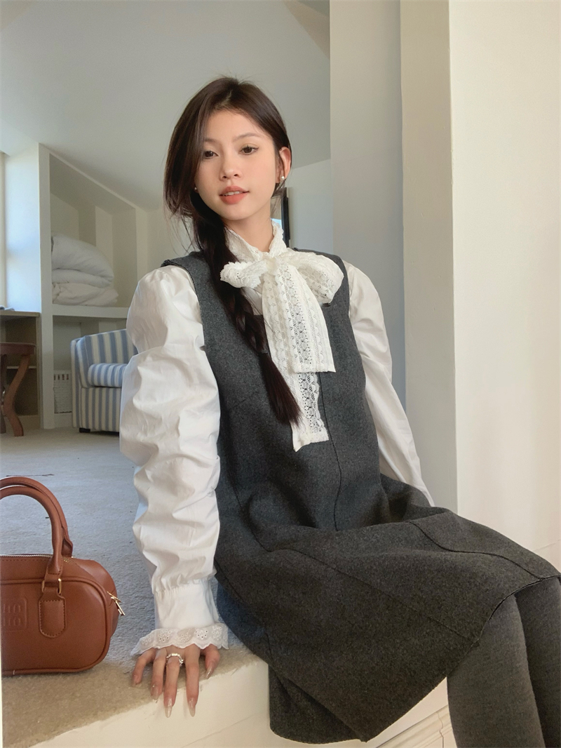 實拍 法式內搭蝴蝶結長袖襯衫毛呢背心連衣裙