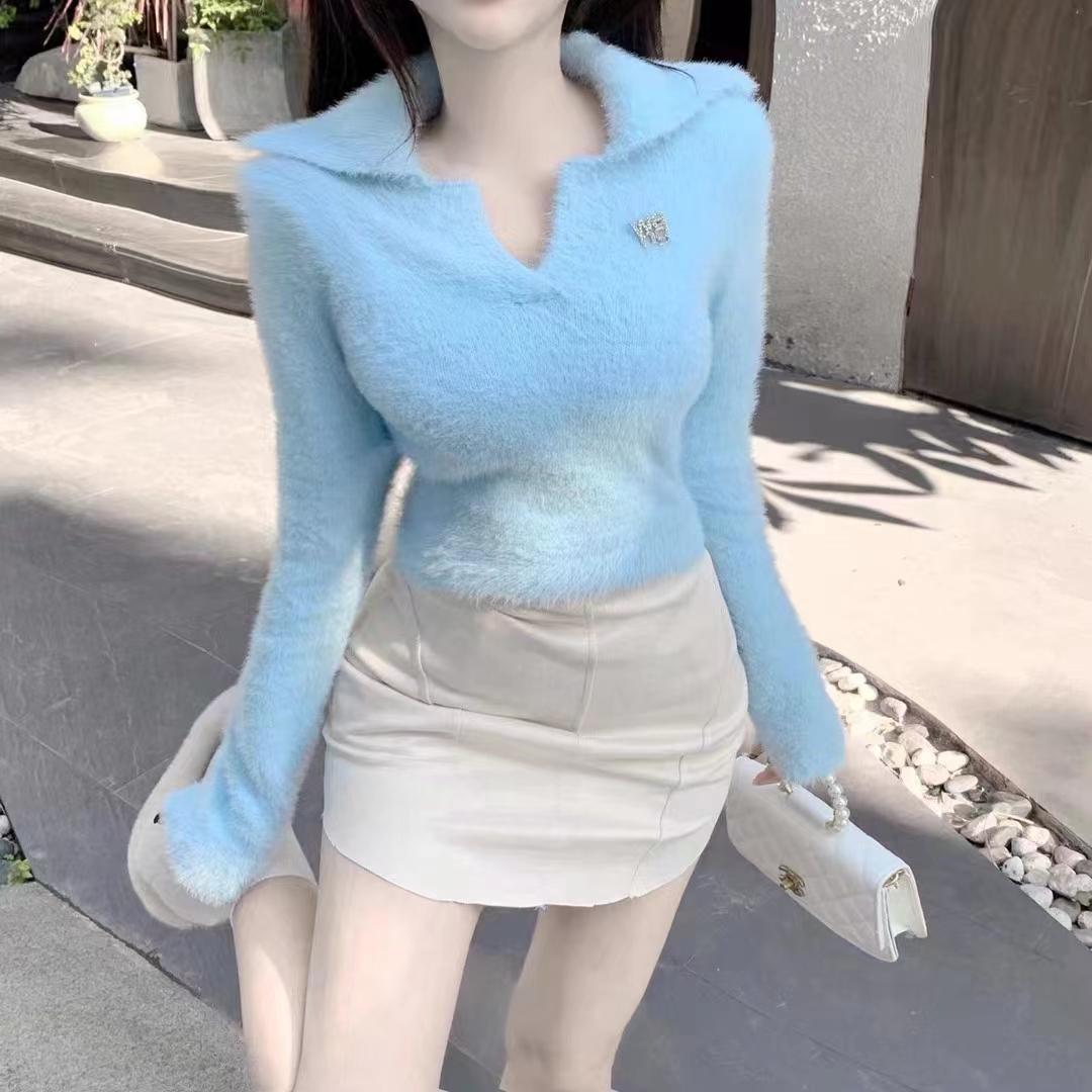 SEOUL Korean chic retro sweet and cool style age-reducing lapel slim short mink velvet solid color sweater for women in autumn