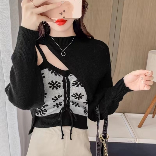 South Korea Dongdaemun suit women's  autumn new solid color long-sleeved shawl flower suspender shirt two-piece set