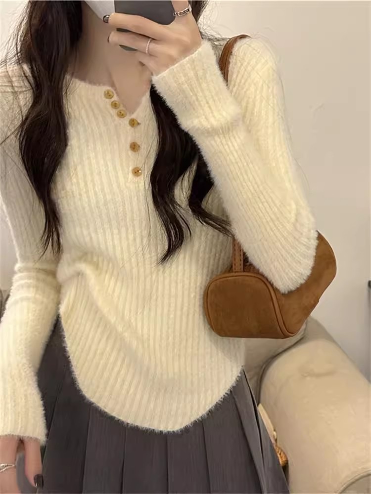 Imitation mink wool sweater for women autumn and winter 2023 new slim long-sleeved short inner layering top