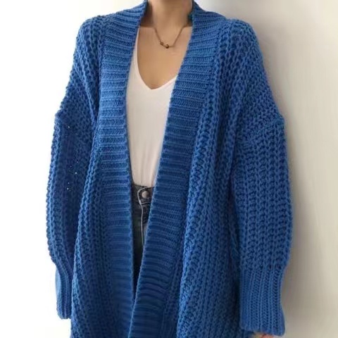 Mid-length thick woolen knitted cardigan for women Korean retro loose thickened jacket