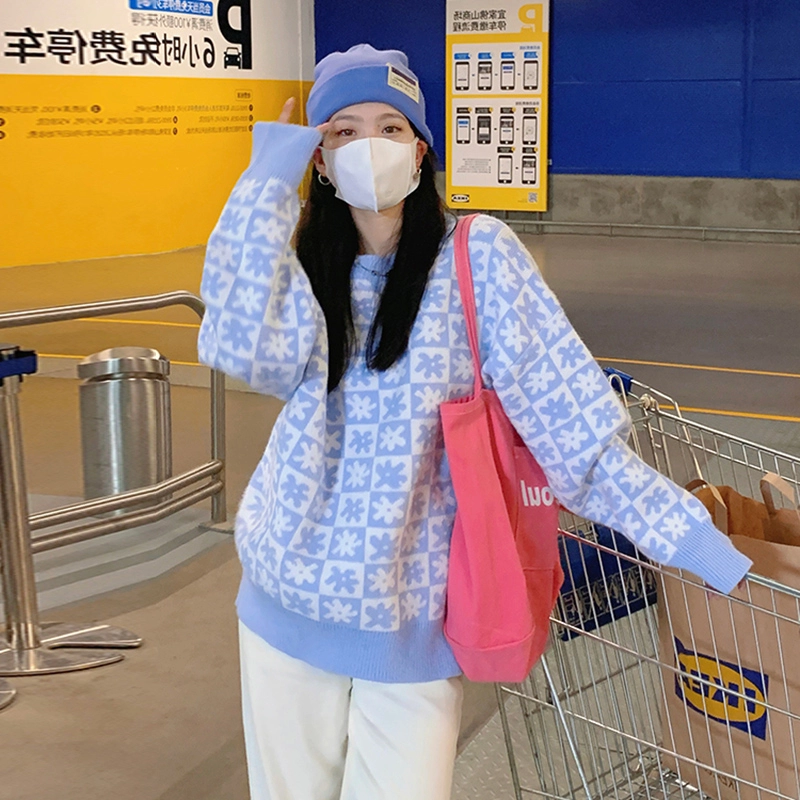 Yang Paopao Milk Blue Plaid Sweater Women's New Autumn Loose Korean Style Lazy Style Knitted Jacket