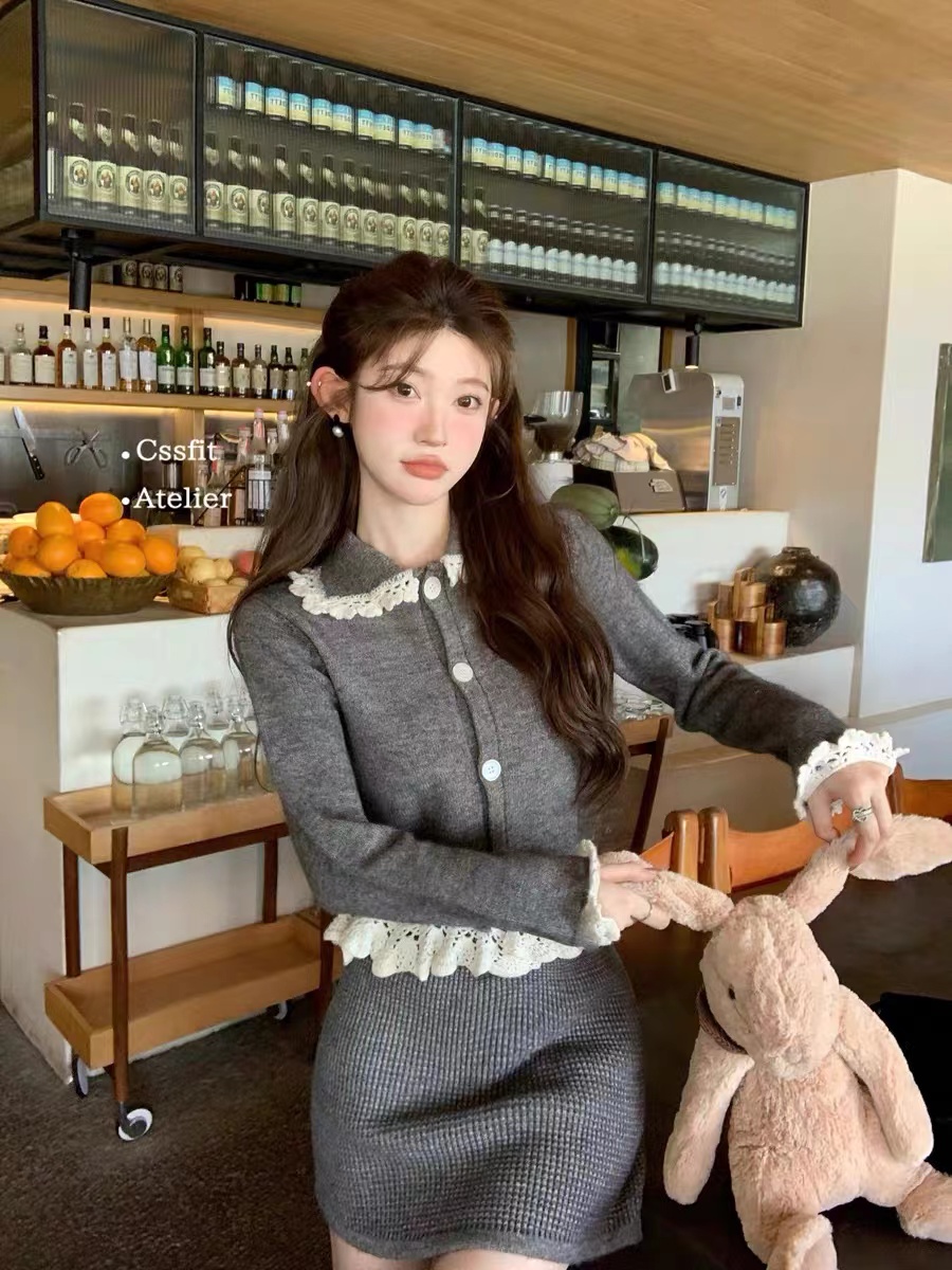遲傘傘23/fw sst系少女感 可拆卸重工手工鈎花羊毛針織衫短裙套裝