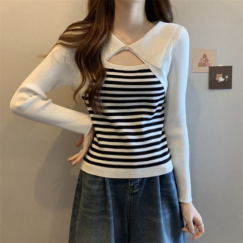 Hot girl autumn and winter women's small dress striped small camisole short long-sleeved blouse small two-piece set mercerized cotton