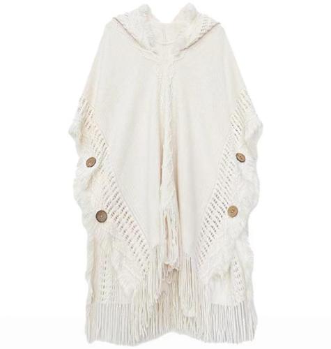 Milky white hooded cloak for women in spring and autumn new style Japanese style gentle hollow tassel pullover sweater