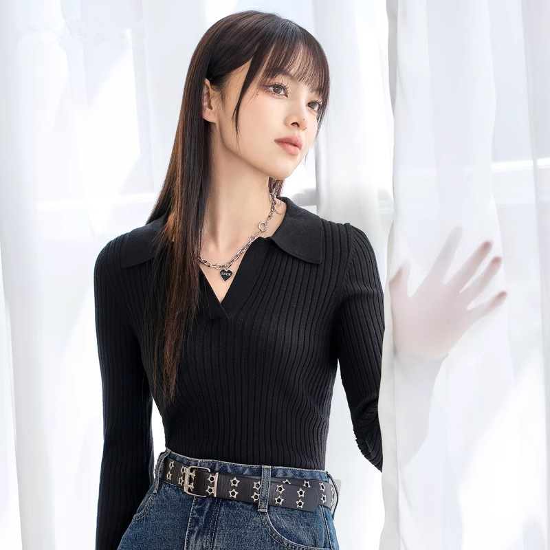 針織衫2023新款秋冬季撞色毛衣設計感Polo領內搭打底上衣女裝