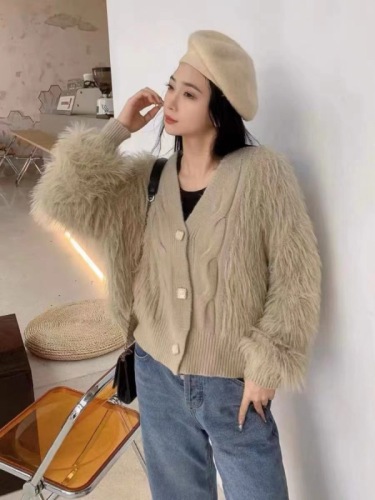 Sweater women's autumn and winter mink velvet  new thick sweater cardigan single-breasted V-neck age-reducing long-sleeved top jacket