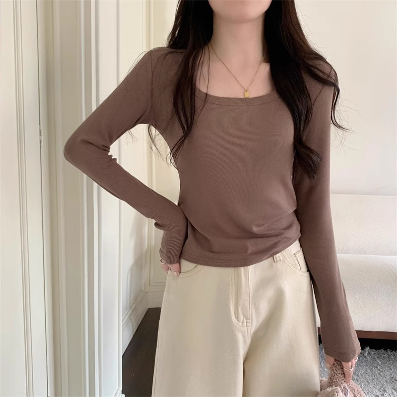 德絨打底衫粉色秋季甜美溫柔長袖t恤女內搭修身小個子短款