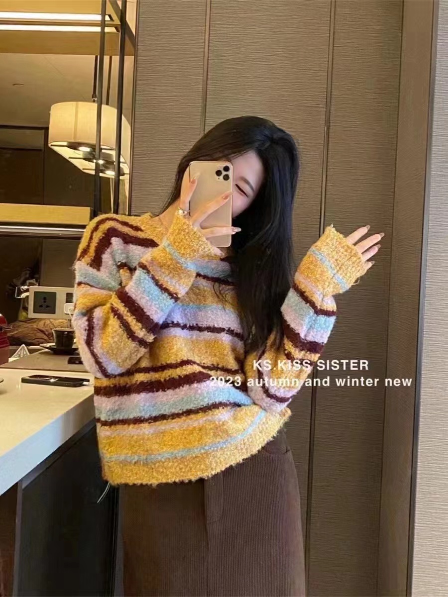 Kiss sister retro striped wool fleece sweater Korean version versatile autumn and winter lazy style casual top for women