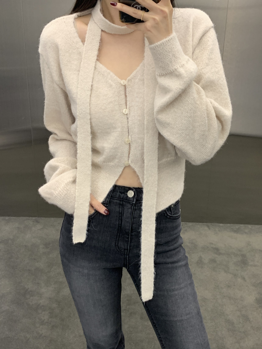 Korean chic autumn and winter new French short V-neck halter sweater cardigan women's slim short all-match coat