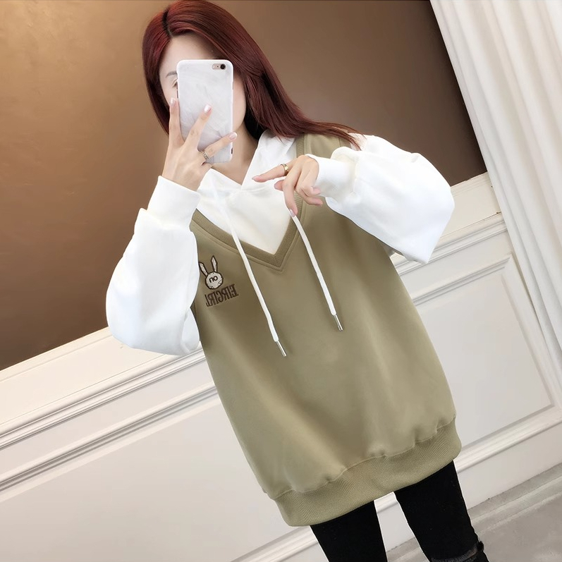 大碼女裝秋冬季假兩件寬鬆連帽加厚加絨衛衣女上衣胖mm2-300斤