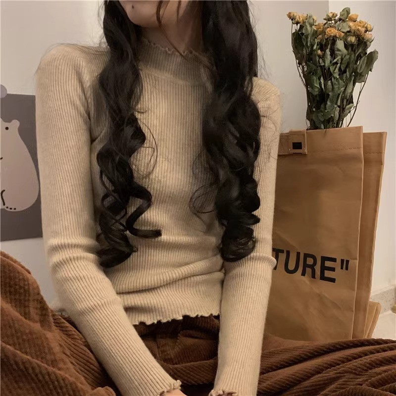 Autumn and winter half turtleneck pullover sweater Korean style gentle fungus edge knitted bottoming shirt for women with western style tight top