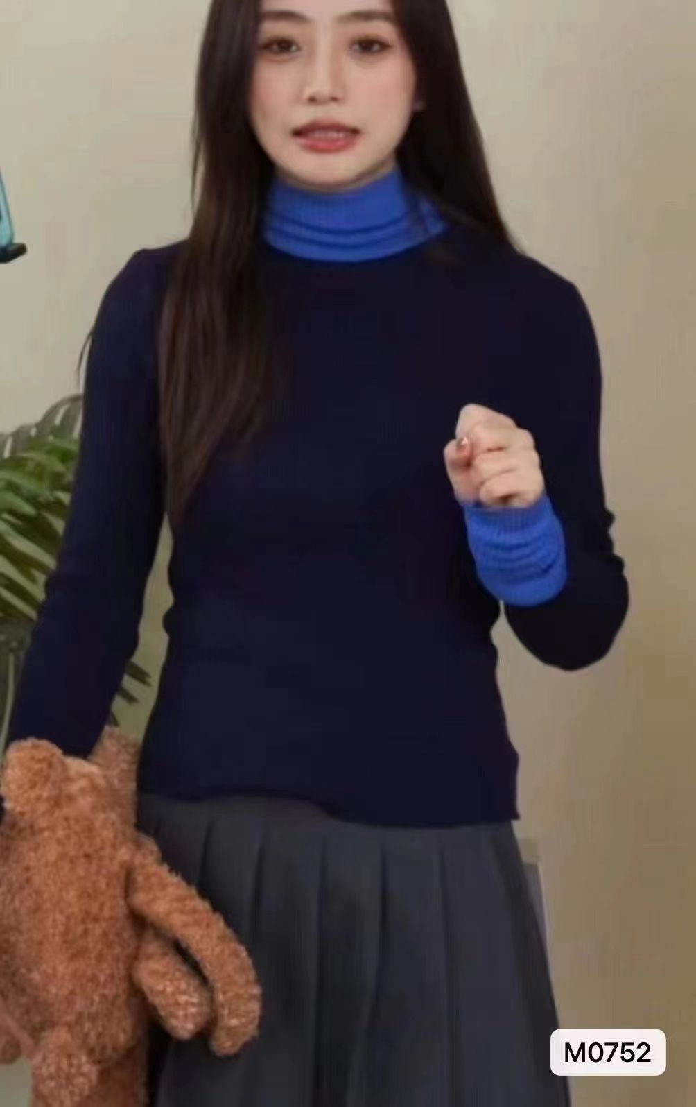 秋冬新款韓版時尚高領撞色拼接假兩件長袖上衣女