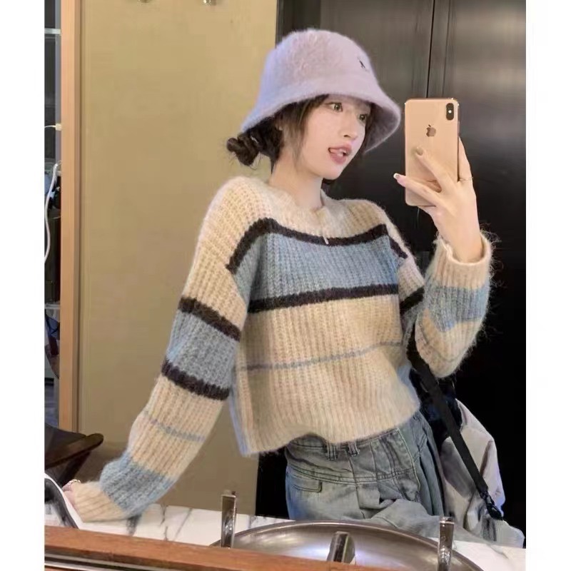 Small Thick Needle Striped Short Sweater Women's 2023 Autumn and Winter New Loose Outerwear Wool Sweater Top