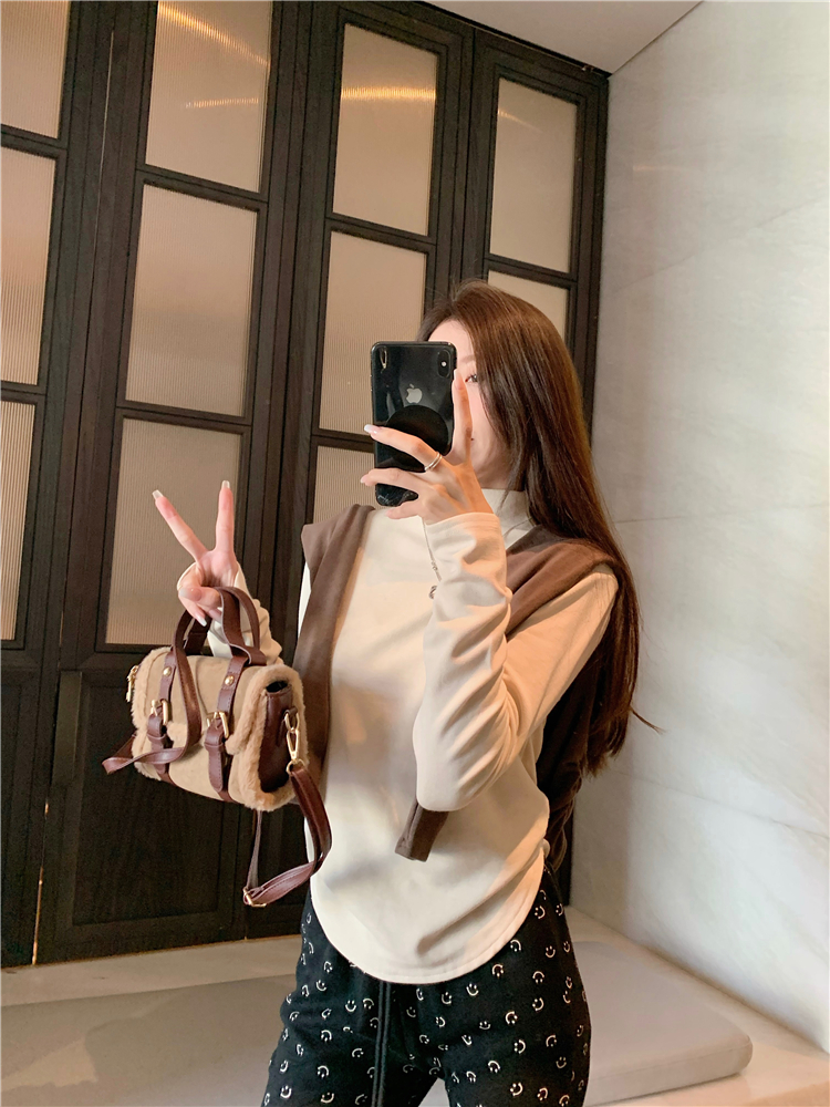 實拍~加絨半高領打底衫女復古美式內搭修身顯瘦百搭T恤