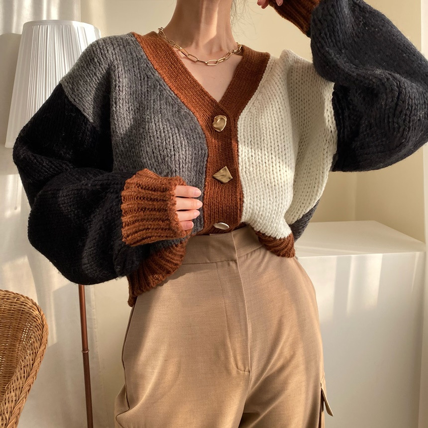 Korean chi fashion irregular button color matching V-neck thickened warm knitted sweater jacket