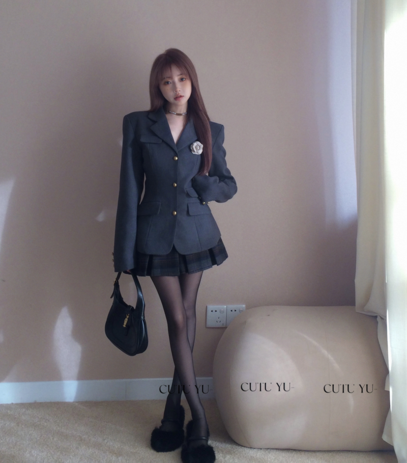 實拍 首爾藝高生 學院風毛呢西裝套裝女冬西服外套a字百褶裙
