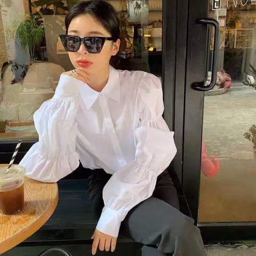 韩国chic秋季小众松紧设计感减龄泡泡袖翻领单排扣长袖衬衫女