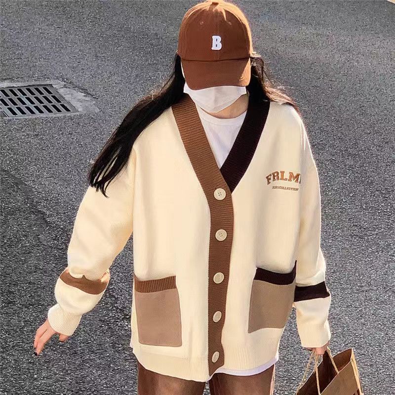 College style autumn and winter new Japanese style contrast sweater cardigan for female students Korean style loose and versatile long-sleeved knitted jacket