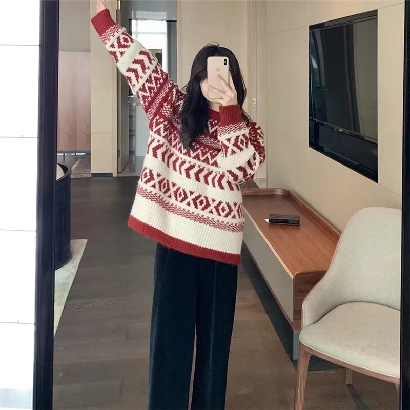 Christmas sweater women's winter soft and waxy outer knitted sweater ins Hong Kong style loose lazy style Western style sweater