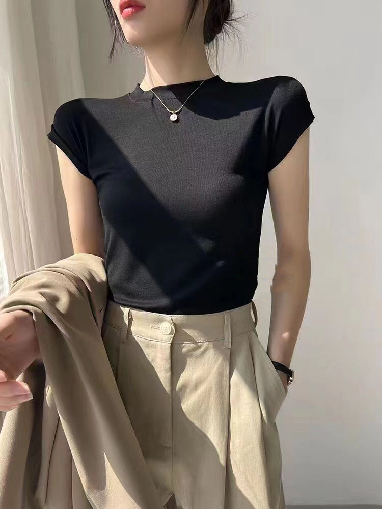 正肩女t恤2023夏季新款緊身短款純棉短袖女小眾黑色體恤上衣女裝
