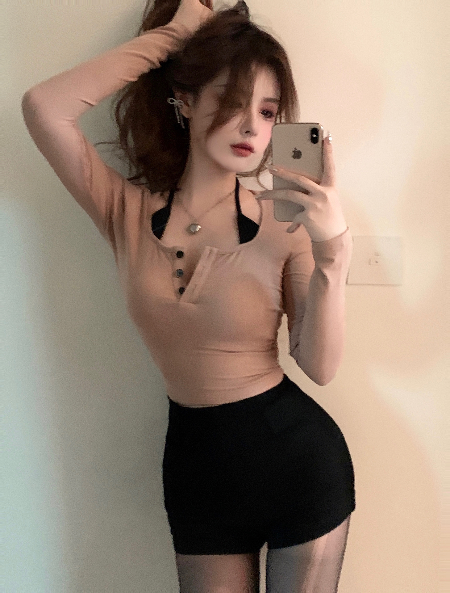 假兩件修身長袖T恤女裝秋季卡其色辣妹拼接性感緊身短款上衣