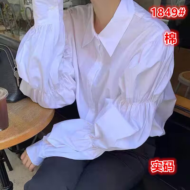 韓國chic秋季小眾鬆緊設計感減齡泡泡袖翻領單排扣長袖襯衫女