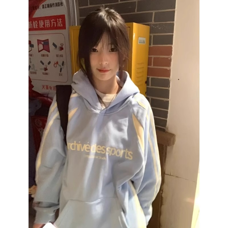 官圖韓版仿棉複合銀狐絨美式拼接連帽套頭寬鬆加絨加厚衛衣女