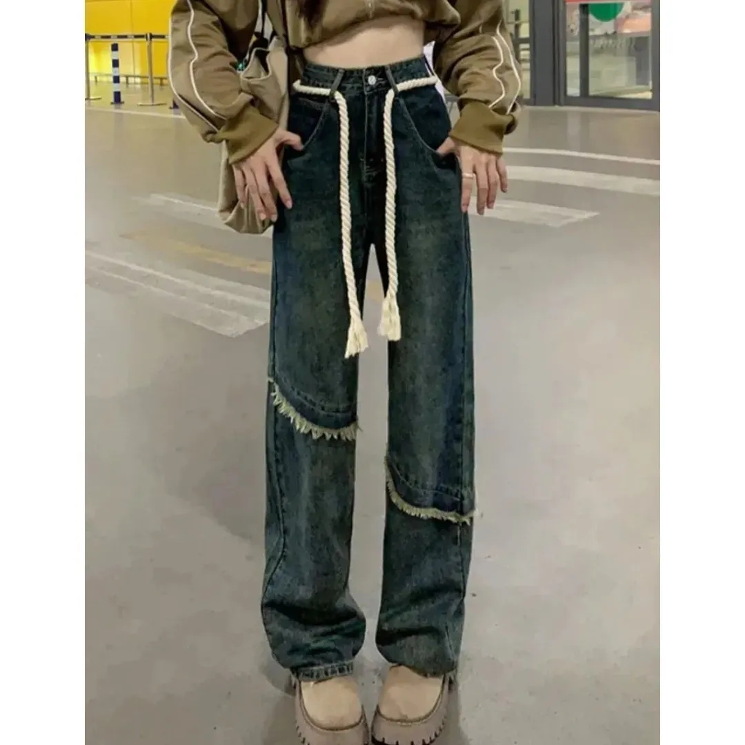 毛邊做舊復古牛仔褲女秋季寬鬆粗繩設計感高腰直筒闊腿拖地長褲潮