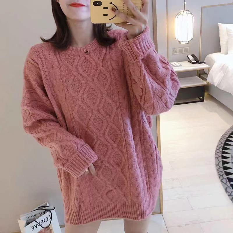 Korean style retro lazy style loose thickened outer twist diamond pattern mid-length sweater for women