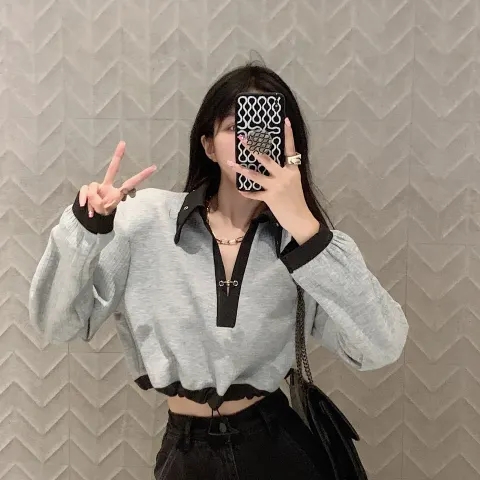 原版優質布料 撞色POLO領長袖T恤女秋季韓版修身顯瘦短款上衣潮