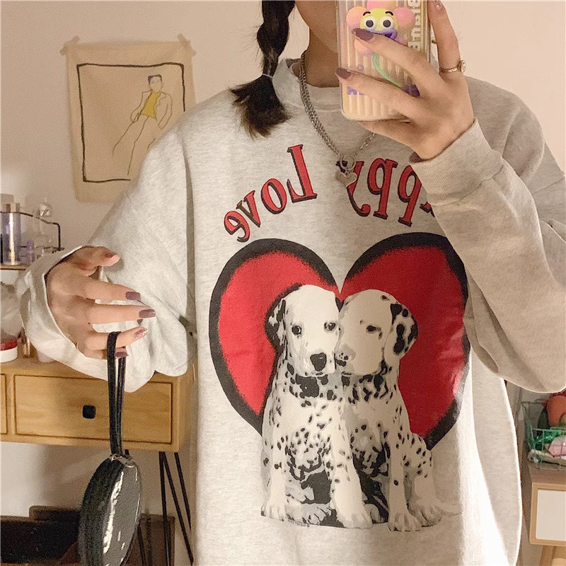 2023 New Chinese Cotton Composite Thin Style 310g/Fleece 410g Autumn and Winter Sweater Women's Printed Loose Large Size