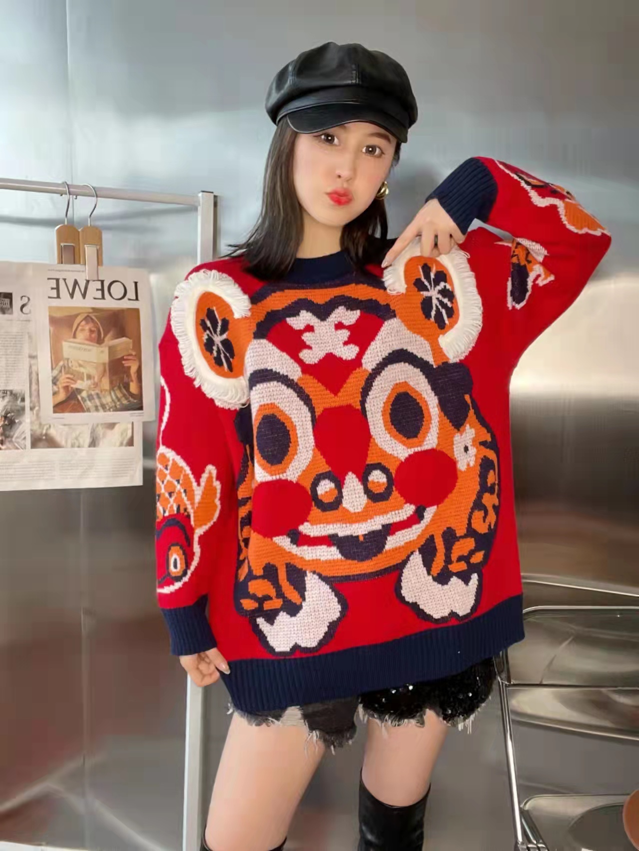 韓版炸街加厚秋冬裝虎虎生威紅色虎頭毛衣針織衫上衣
