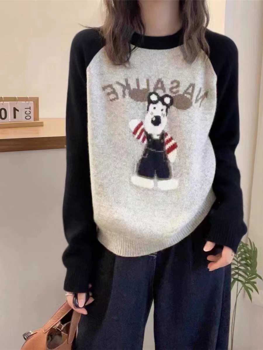 初中生圓領拼色插肩袖卡通毛衣女針織上衣高中學生內搭大童打底衫