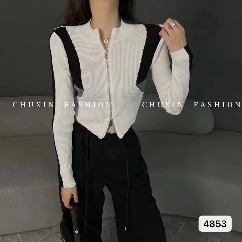 Korean style design stand-up collar contrasting double zipper motorcycle-like knitted cardigan slim fit western style short top for women