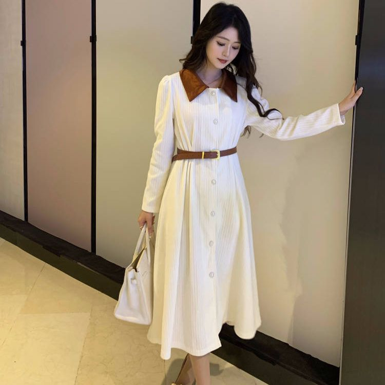 溫柔風2023秋冬新款女士顯瘦燈芯絨時尚氣質淑女裝連衣裙中長款裙
