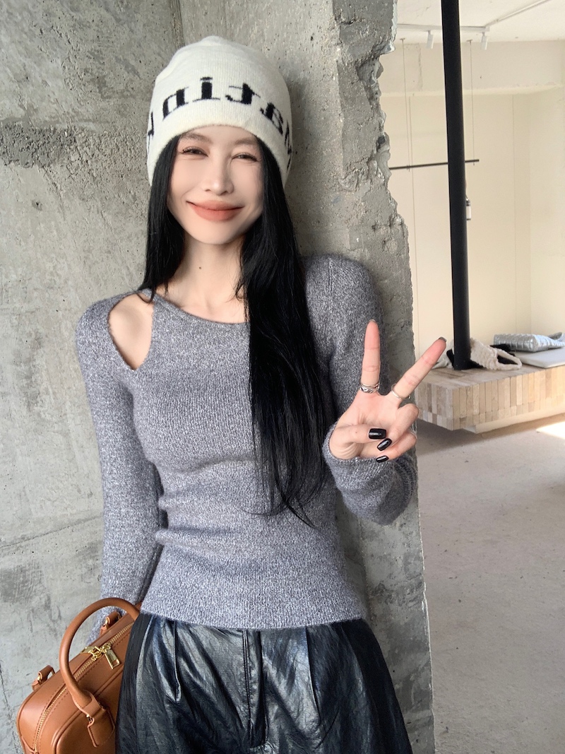 實拍 韓版修身顯瘦設計感心機長袖針織毛衣打底衫