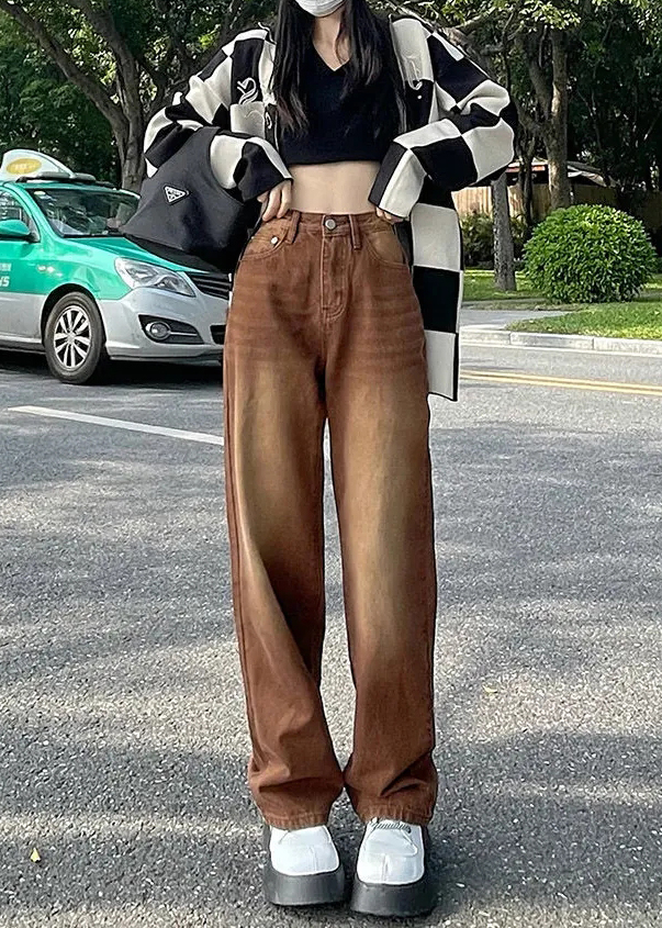 直筒牛仔褲女2023新款春秋美式復古高街hiphop高腰辣妹闊腿老爹褲