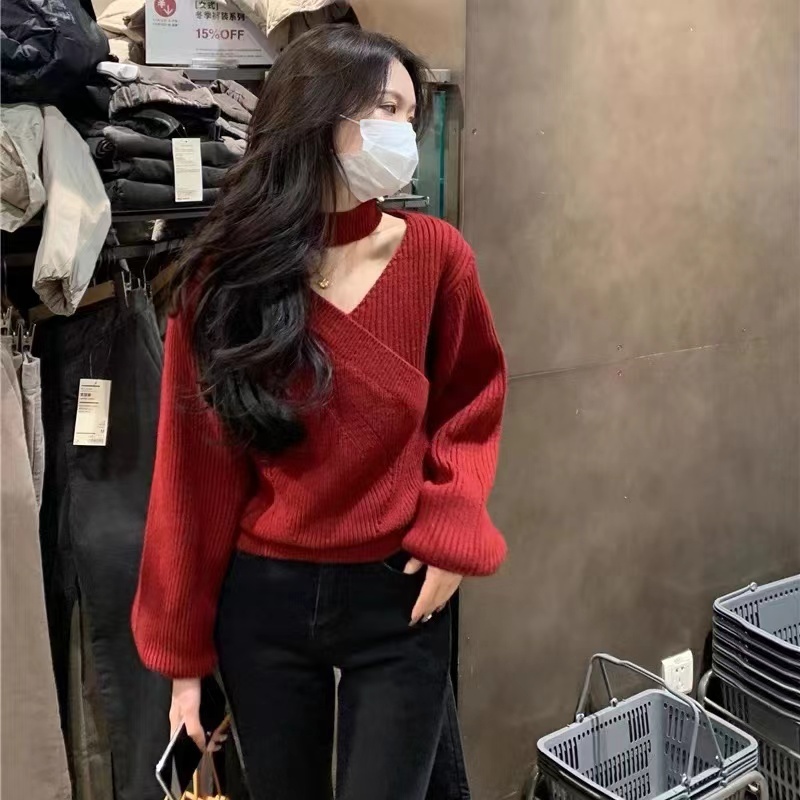 楊楊yangruoyu高級感紅色v領聖誕毛衣女設計感小眾氣質上衣溫柔冬