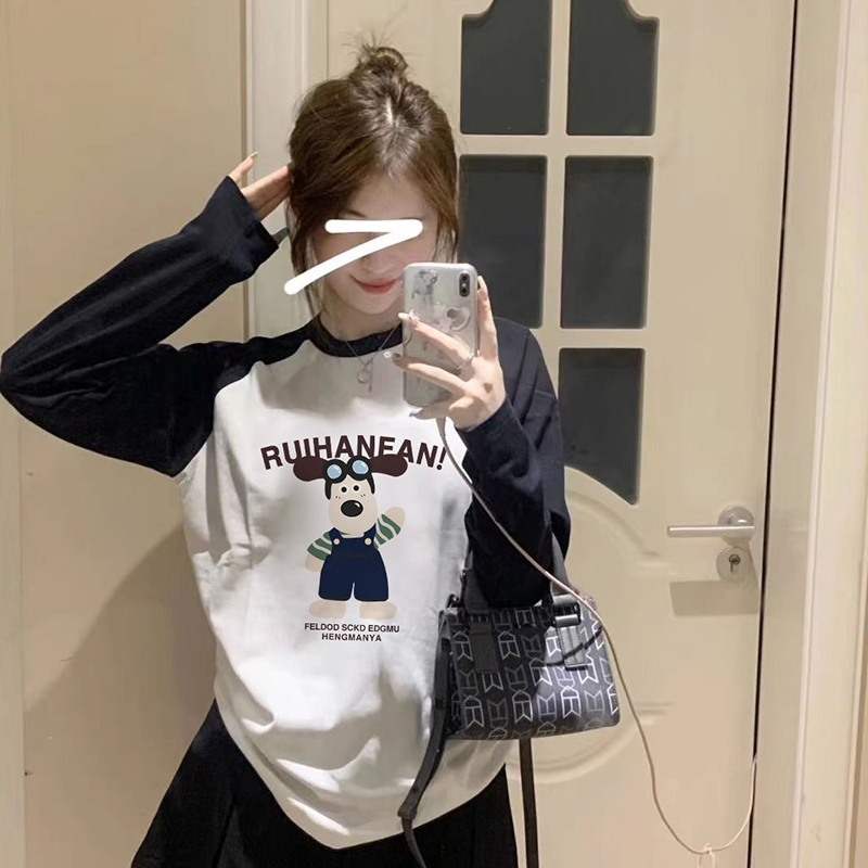春秋季新款純棉長袖t恤女設計感小眾上衣撞色寬鬆減齡打底衫
