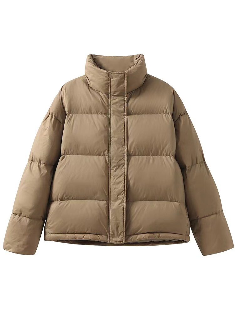 Brown cotton-padded jacket for women 2023 new winter Korean fashion loose small stand-up collar puffer jacket cotton-padded jacket