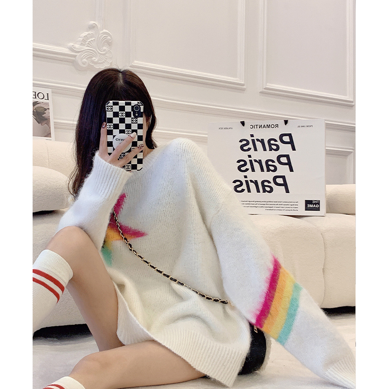溫柔風撞色五角星套頭毛衣女秋冬季韓版寬鬆顯瘦中長款上衣