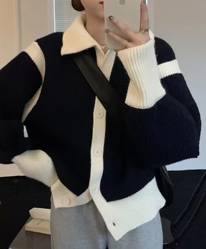 Autumn new style lazy contrasting color design niche sweater cardigan coat top for women loose knitted high collar