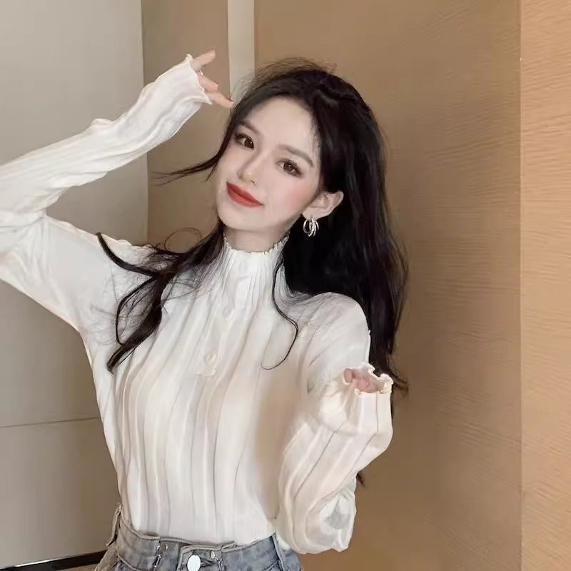 2023 new autumn and winter chic half turtleneck slim knitted bottoming shirt for women with western style long-sleeved top design