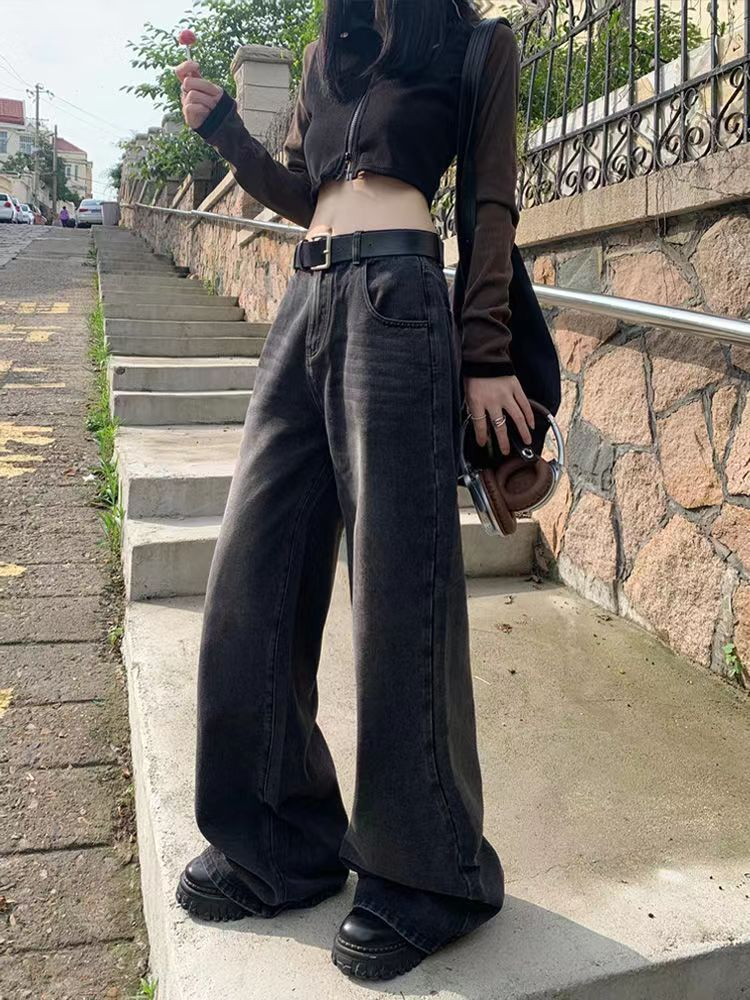 復古高街闊腿牛仔褲女秋季新款高腰寬鬆顯瘦垂感直筒百搭拖地長褲