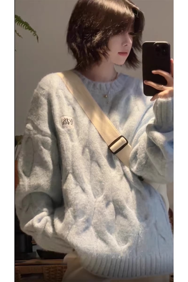 日系奶fufu麻花圓領毛衣女秋冬寬鬆慵懶風bf軟糯加厚針織衫外套