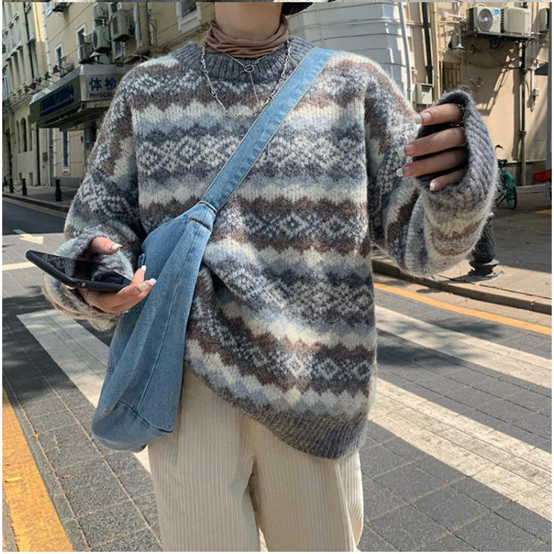 Christmas lazy style pullover sweater for women 2023 new autumn and winter loose retro pullover round neck knitted top for women