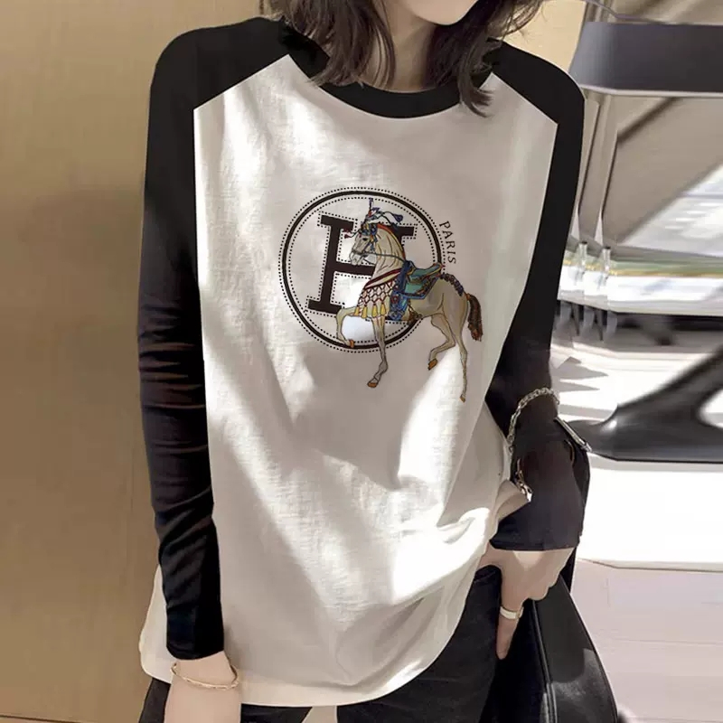 春秋季新款純棉長袖t恤女設計感小眾上衣撞色寬鬆減齡打底衫