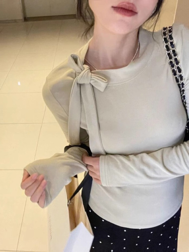 Niche spring, autumn and winter new half-high collar T-shirt women's design lace-up bow bottoming shirt long-sleeved top trendy