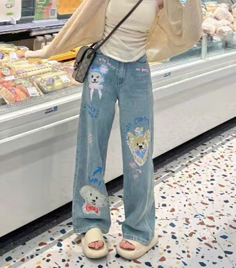 多巴胺卡通印花高腰闊腿褲女2023秋冬季新款設計感塗鴉直筒牛仔褲